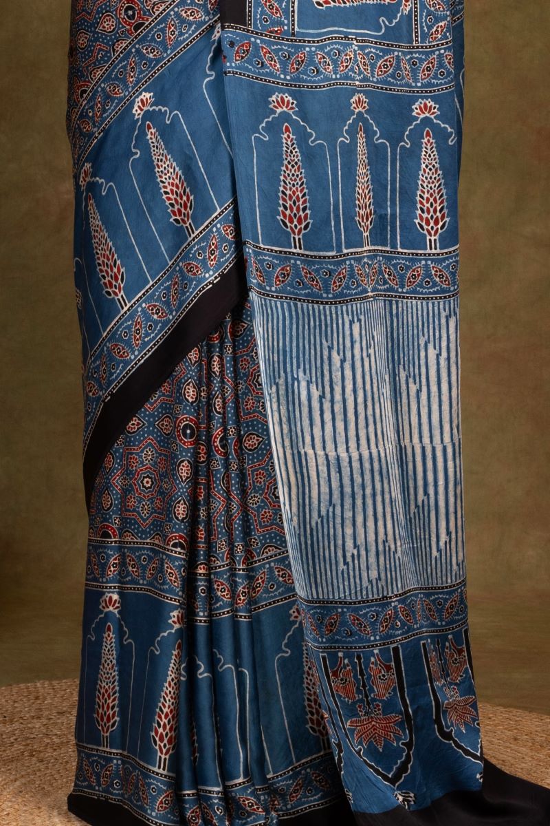 Indigo Ajrakh Modal Silk Saree