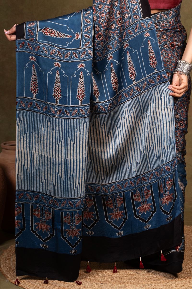 Indigo Ajrakh Modal Silk Saree