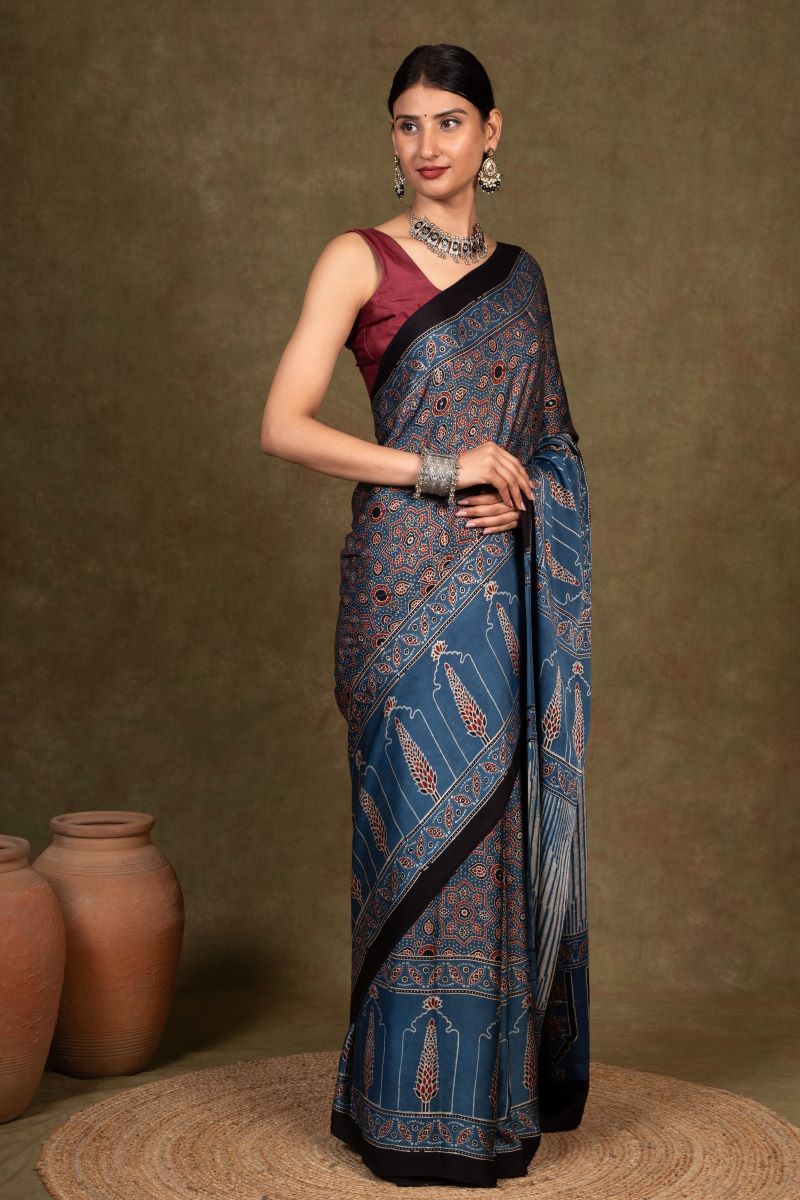 Blue Ajrakh Silk Saree