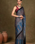 Blue Ajrakh Silk Saree