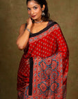 Red Modal Silk Ajrakh Saree