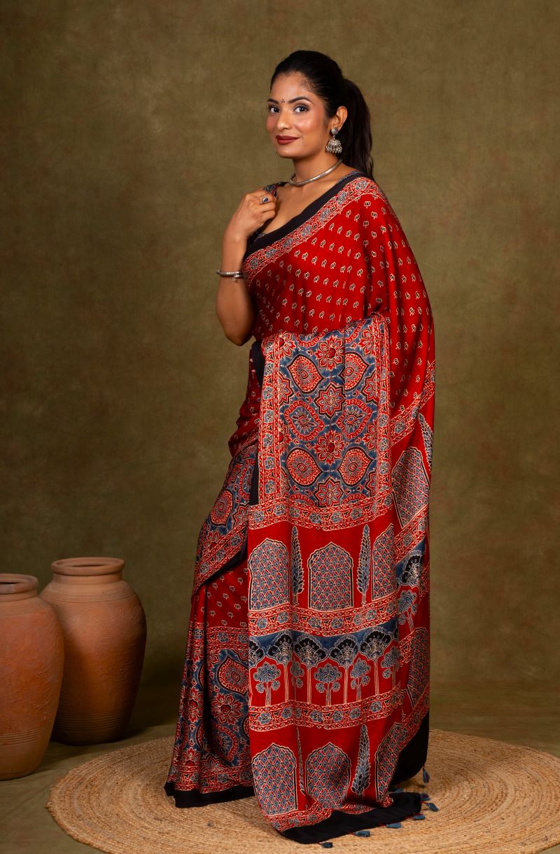 Red Ajrakh Modal Silk Saree