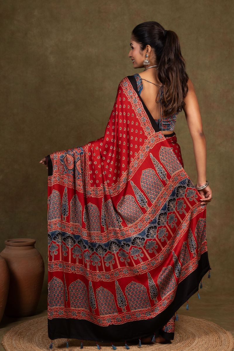 Red Ajrakh Modal Silk Saree