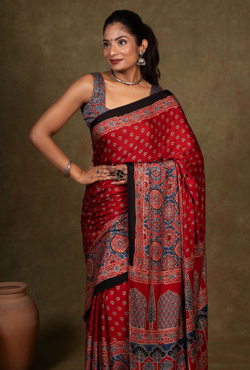 Red Ajrakh Silk Saree