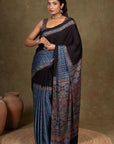 Black Blue Modal Silk Ajrakh Saree