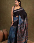 Black Blue Modal Silk Ajrakh Saree