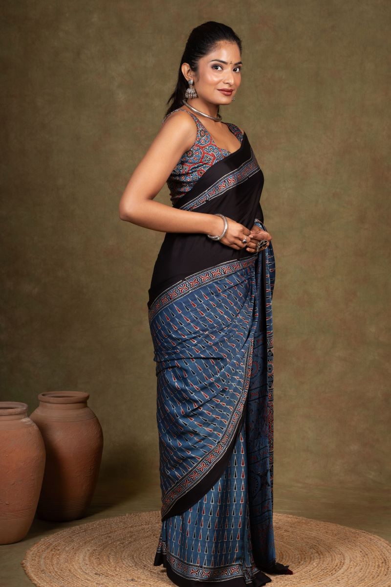 Black Blue Modal Silk Ajrakh Saree