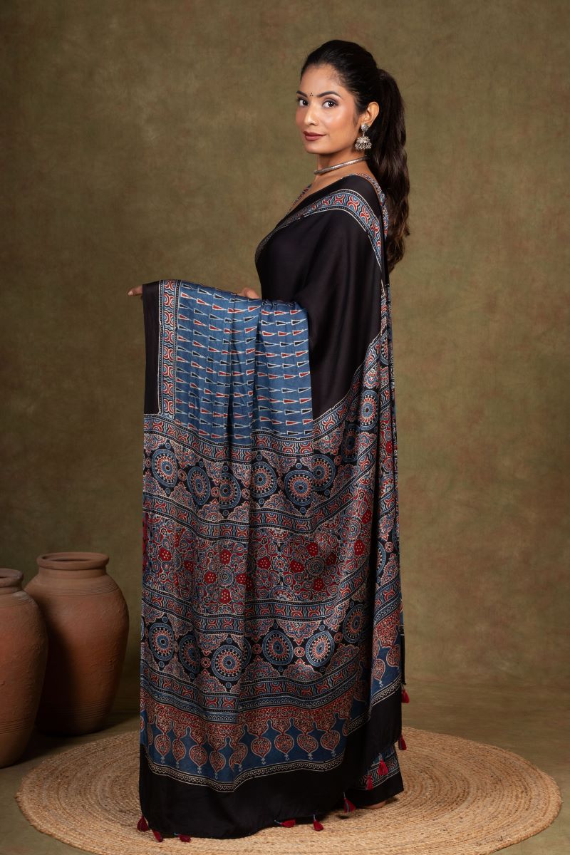 Black Blue Modal Silk Ajrakh Saree