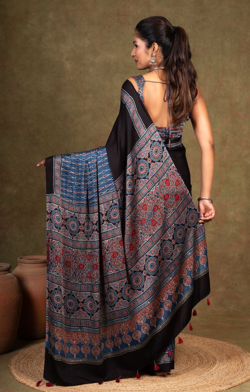 Black Blue Modal Silk Ajrakh Saree