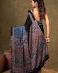 Black Blue Modal Silk Ajrakh Saree