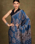 Blue Modal Silk Ajrakh Saree