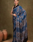 Blue Modal Silk Ajrakh Saree
