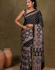 Black Modal Silk Ajrakh Saree