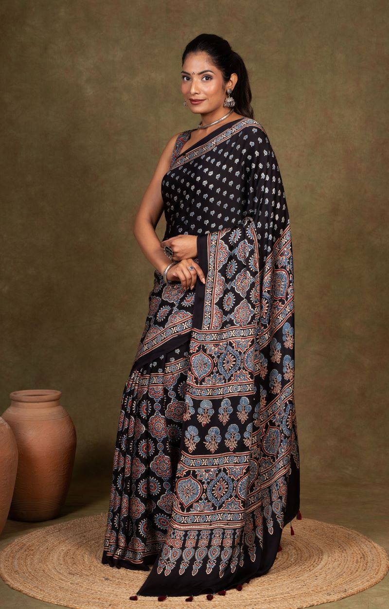 Black Buti by Riyal Ajrakh Modal Silk Saree