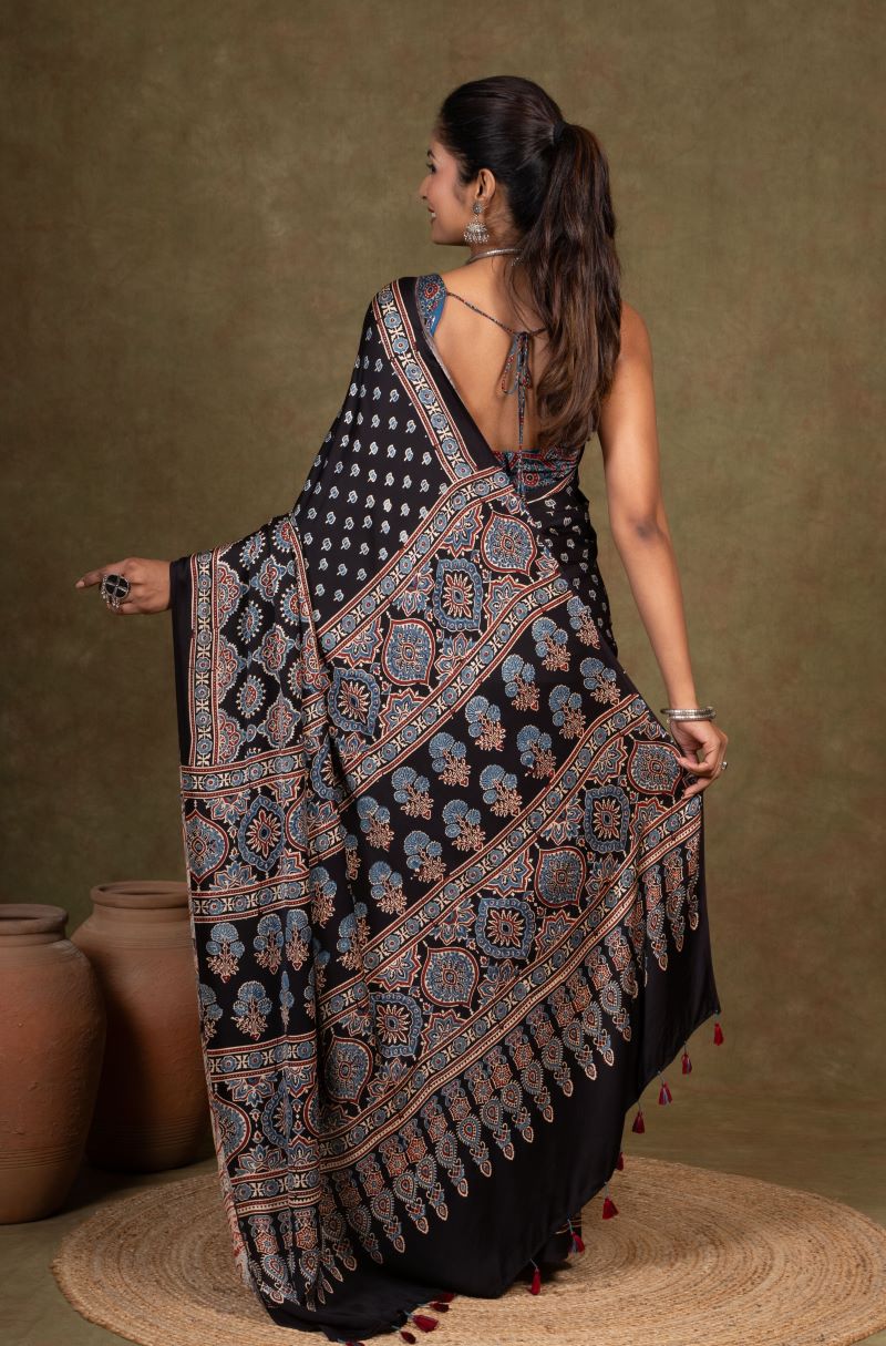 Black Modal Silk Ajrakh Saree