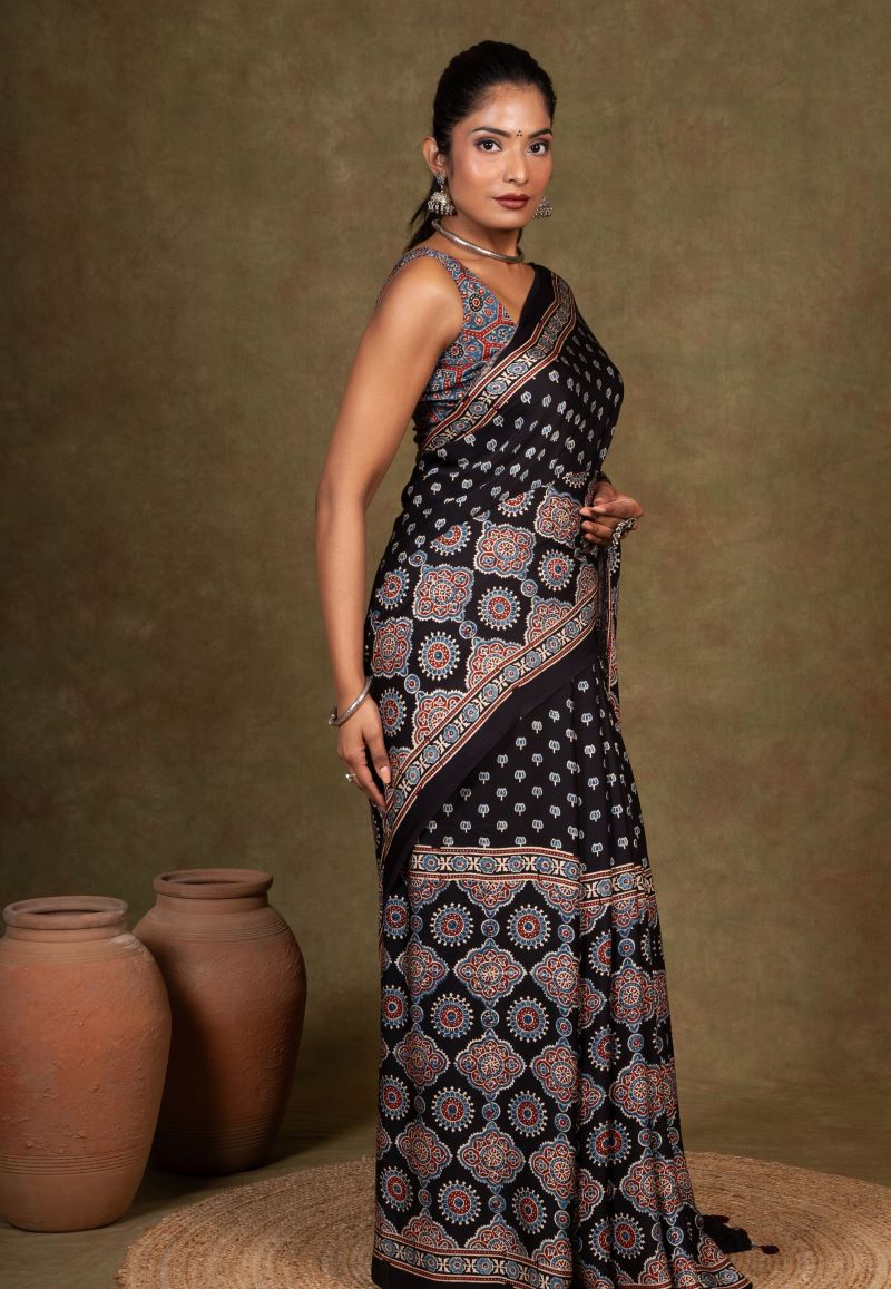 Black Modal Silk Ajrakh Saree