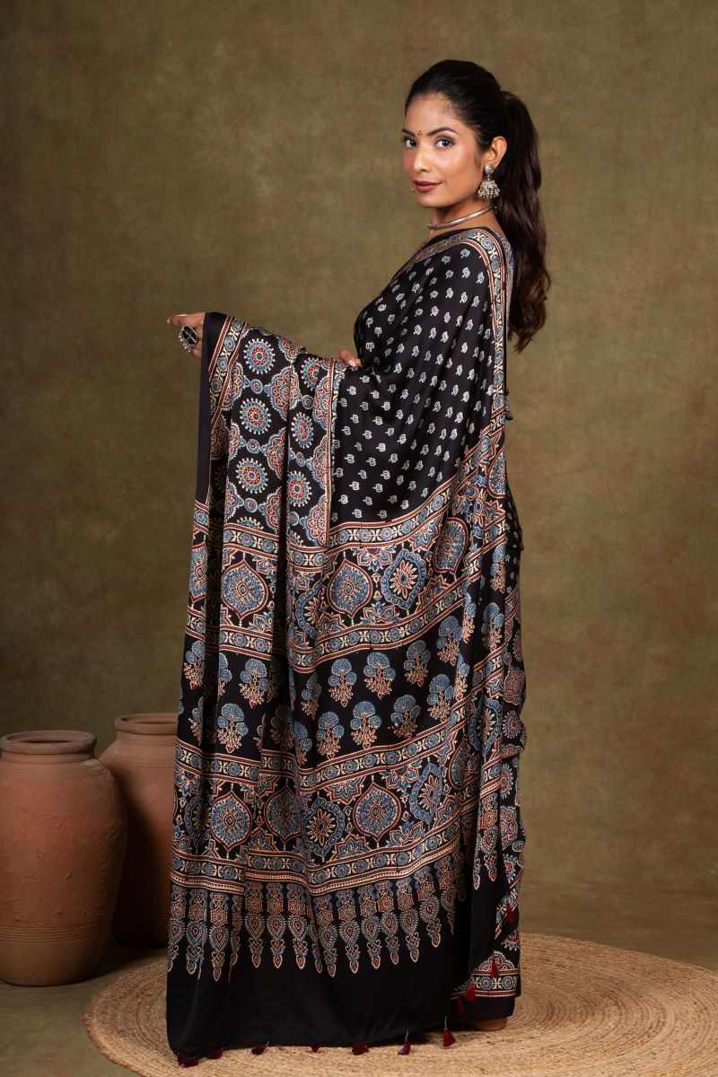 Black Modal Silk Ajrakh Saree