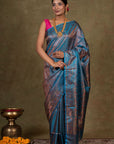 Blooming Blue Jamewar Tanchoi Banarasi Silk Saree