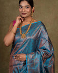 Blooming Blue Jamewar Tanchoi Banarasi Silk Saree
