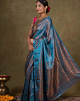 Blooming Blue Jamewar Tanchoi Banarasi Silk Saree
