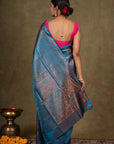 Blooming Blue Jamewar Tanchoi Banarasi Silk Saree