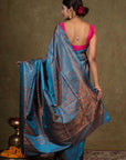 Blooming Blue Jamewar Tanchoi Banarasi Silk Saree