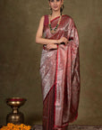 Cherry Paisley Jamewar Tanchoi Banarasi Silk Saree