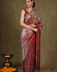 Cherry Paisley Jamewar Tanchoi Banarasi Silk Saree
