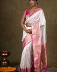 White Blossom Banarasi Katan Silk Saree