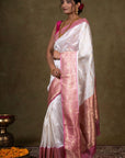 White Blossom Banarasi Katan Silk Saree