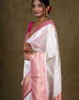 White Blossom Banarasi Katan Silk Saree