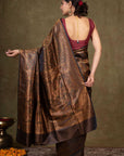 Black Olive Paisley Jamewar Tanchoi Banarasi Silk Saree