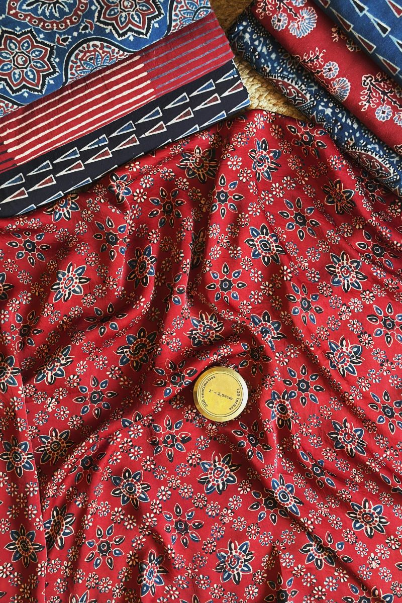 Modal Silk Jacquard Ajrakh Block Printed Dress Material - Royal Crimson Red