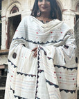 White Ajrakh Applique Kantha Hand Embroidered Dupatta
