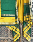 Mustard Green Unstitched Cotton Silk Maheshwari Suit (3 Pcs)