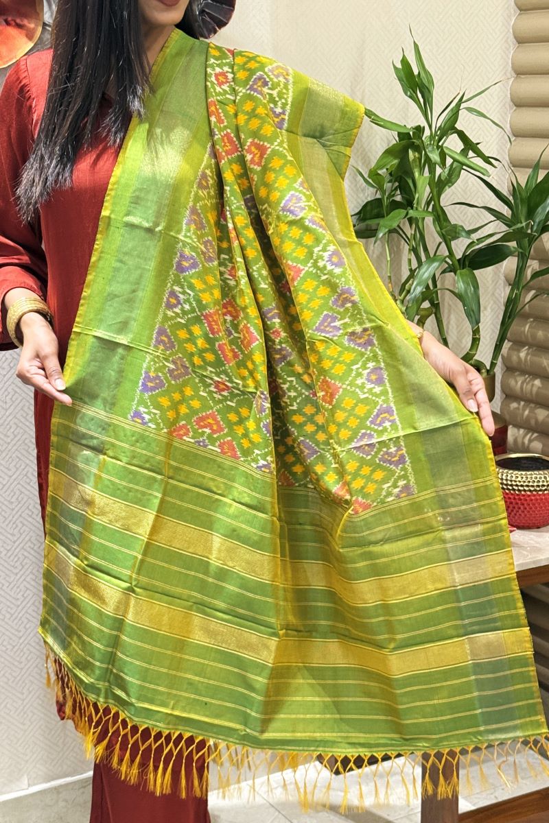 Green Ikat Pure Silk Handwoven Dupatta with Tassels