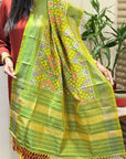 Green Ikat Pure Silk Handwoven Dupatta with Tassels