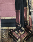 Pastel Pink Black Unstitched Cotton Silk Maheshwari Suit (3 Pcs)