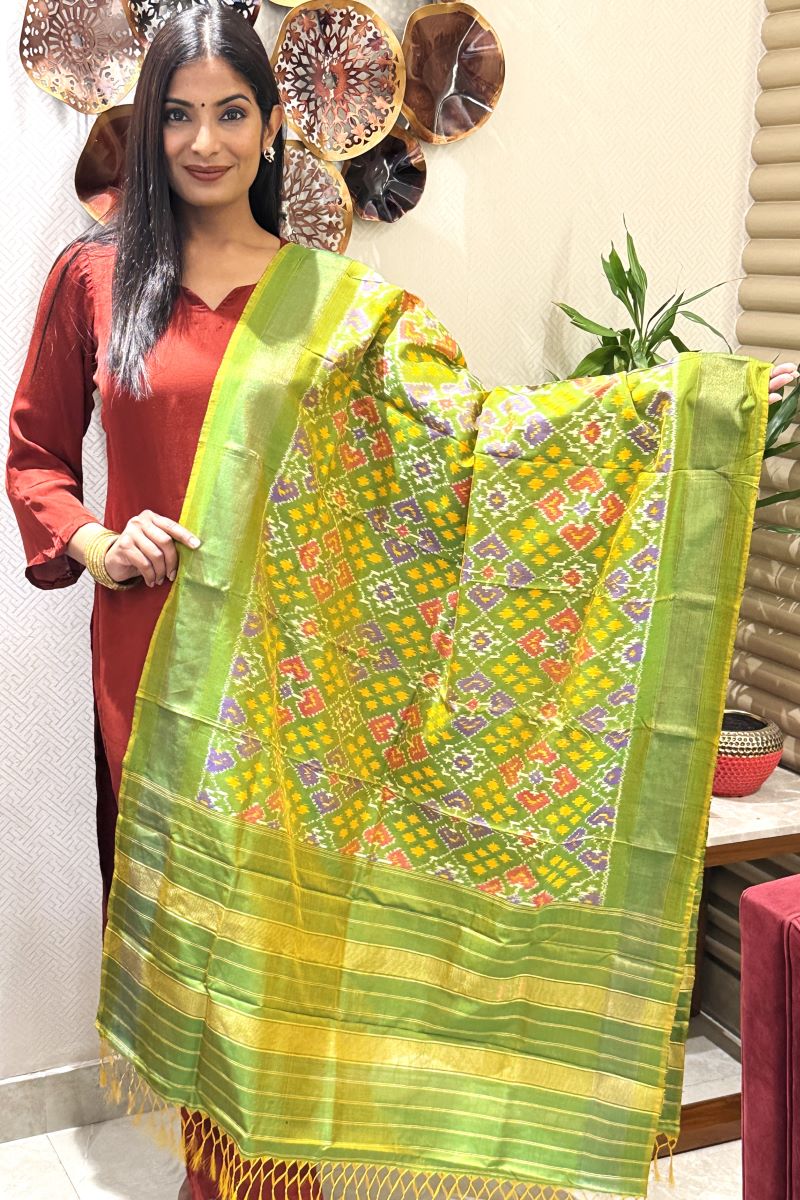 Green Ikat Handwoven Dupatta with Tassels