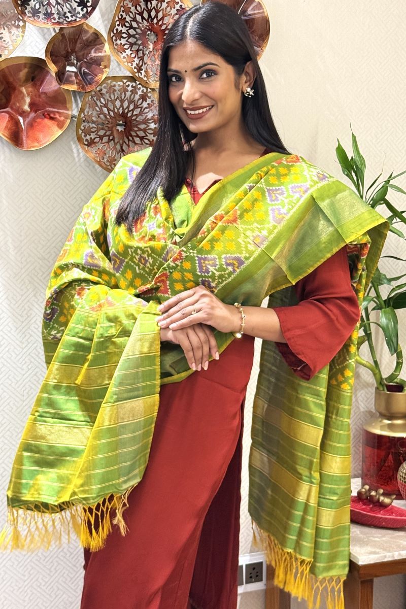 Green Ikat Pure Silk Dupatta with Tassels