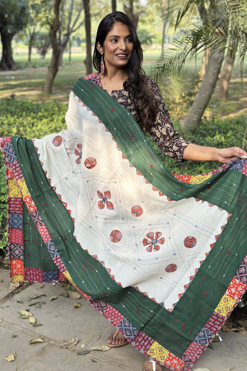 Ajrakh Applique & Kantha Embroidered Dupatta ~ Deep Red with Yellow Kantha Work