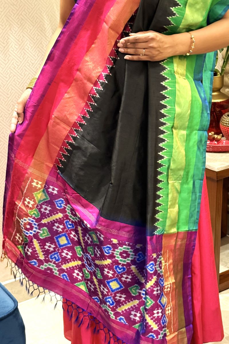 Black Ikat Pure Silk Dupatta with Tassels