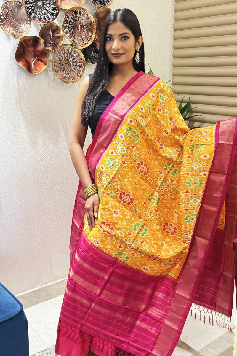 Marigold Blaze Pure Silk Ikat Handwoven Dupatta
