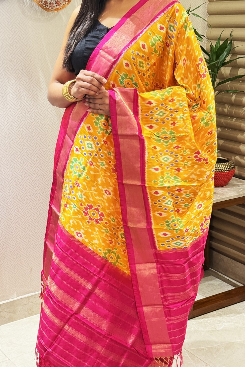 Marigold Blaze Pure Silk Ikat Handwoven Dupatta
