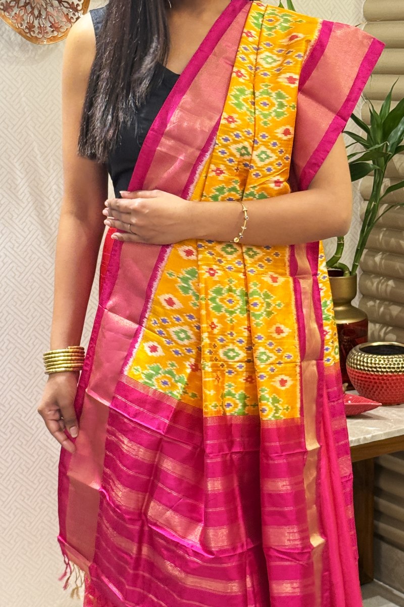 Marigold Blaze Pure Silk Ikat Handwoven Dupatta
