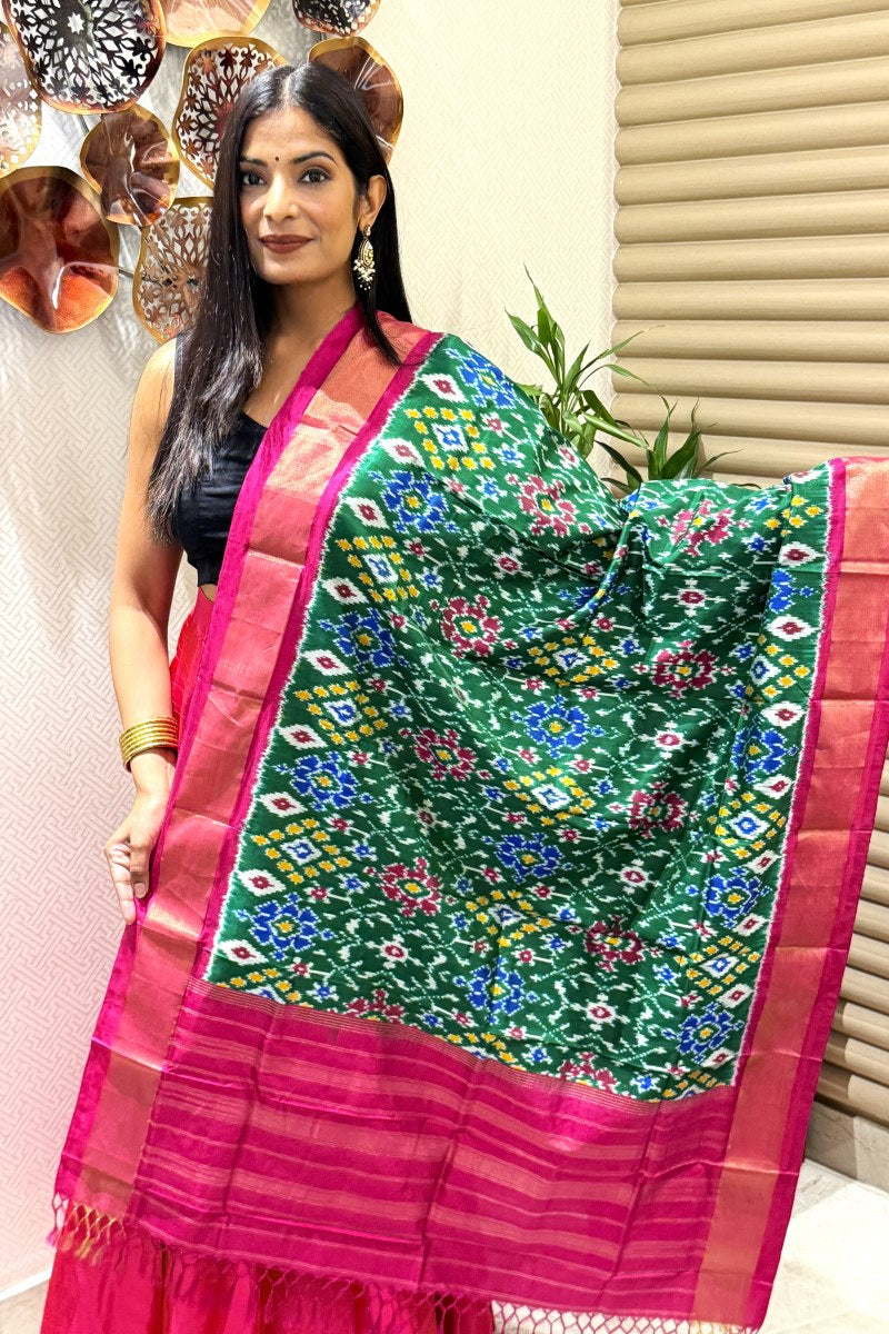 Green Blush Pure Silk Ikat Handwoven Dupatta