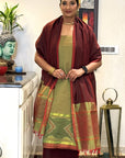 Olive Wine Unstitched Cotton Silk Ikat Suit (3 Pcs)
