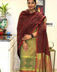 Olive Wine Unstitched Cotton Silk Ikat Suit (3 Pcs)