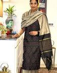 Black Sand Unstitched Cotton Silk Ikat Suit (3 Pcs)