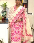 Magenta on Ivory Unstitched Cotton Silk Banarasi Suit (3 Pcs)